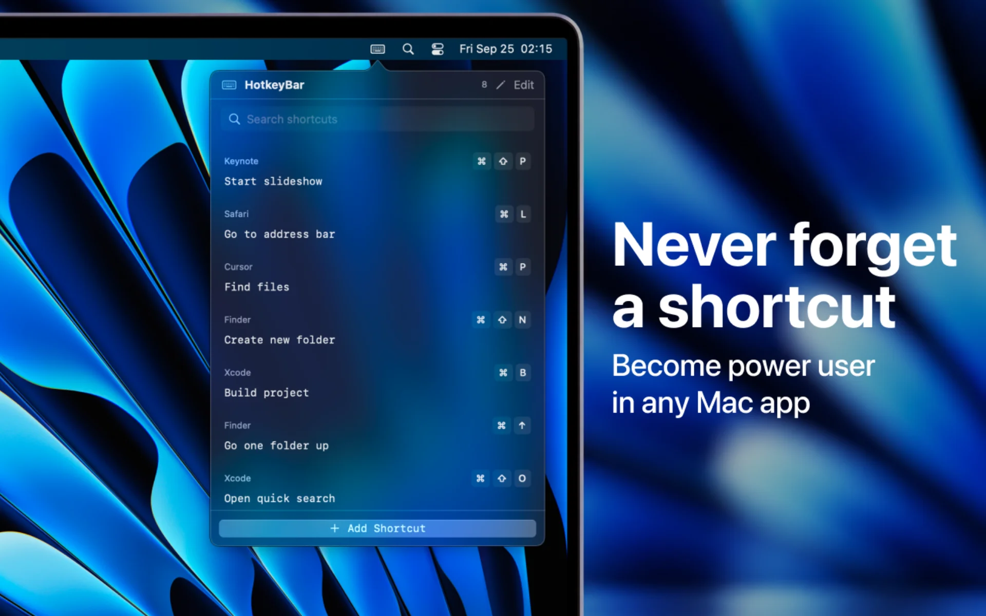 HotkeyBar menu bar window listing keyboard shortcuts for Keynote, Safari, Finder and Xcode, beside the text "Never forget a shortcut"