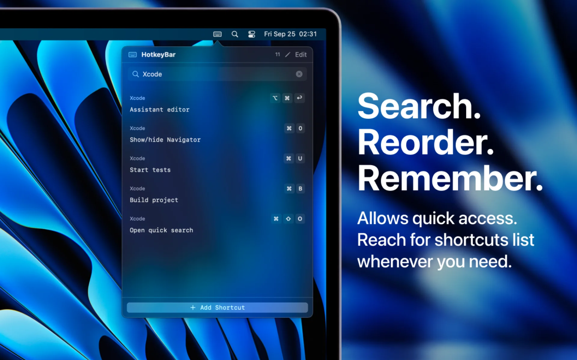 HotkeyBar with "Xcode" typed in the search field, narrowing the list to five Xcode shortcuts