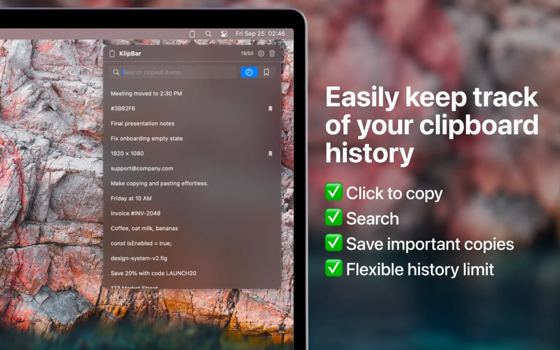 Clipboard list in the KlipBar menu bar app showing recent copies, a search field and pinned items, beside the text "Easily keep track of your clipboard history"