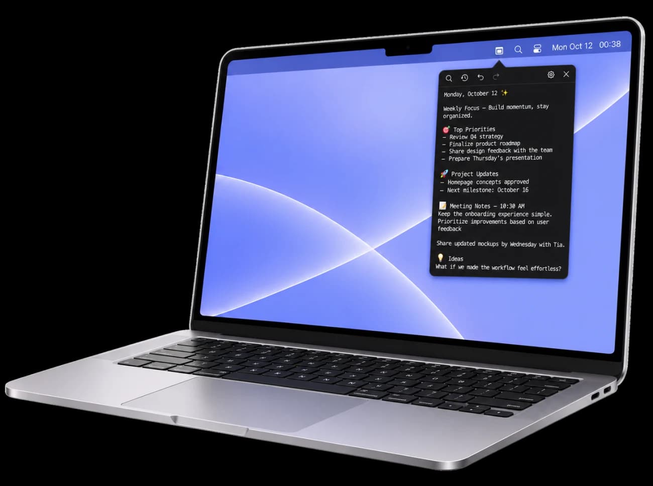 NoteBar Menu Notes open from the menu bar on a MacBook
