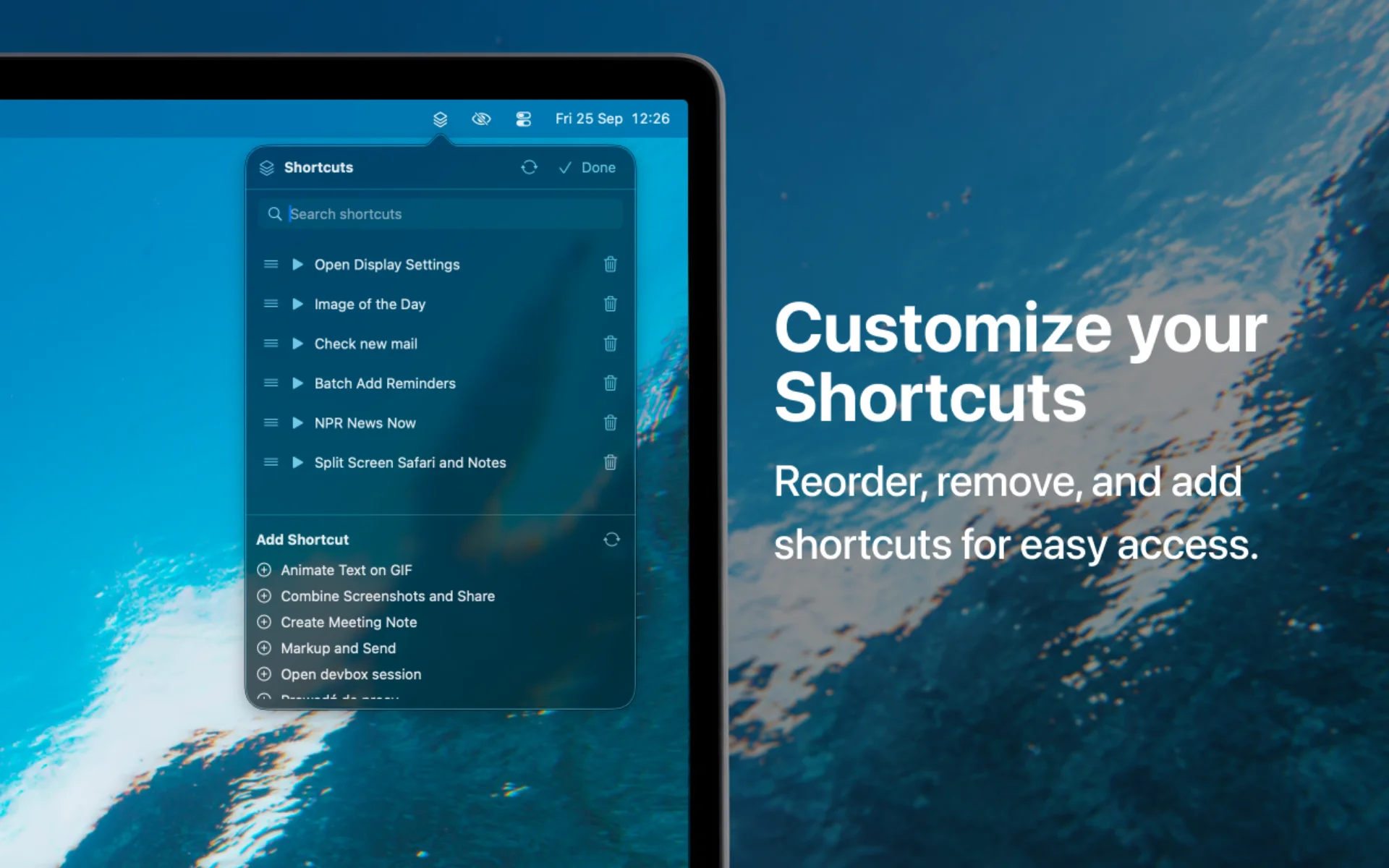 Shortcuts Launcher in edit mode, with drag handles, delete buttons and an Add Shortcut list