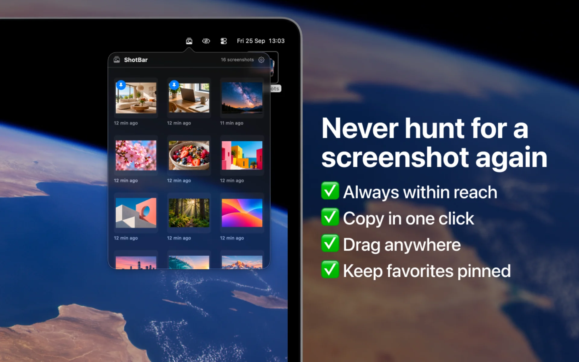 ShotBar menu bar window showing a grid of recent screenshot thumbnails with the time each was taken
