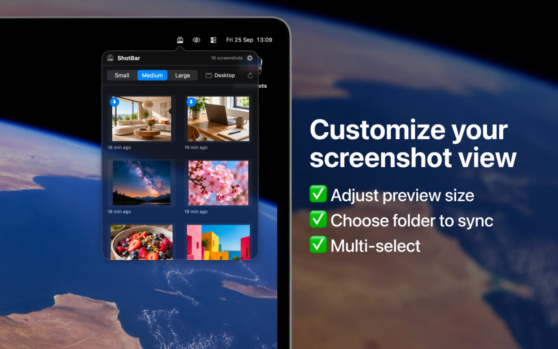 ShotBar with Small, Medium and Large preview size buttons and a screenshot folder picker